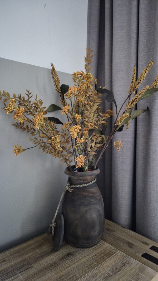 Grote houten pot met kunstbloemen – complete set