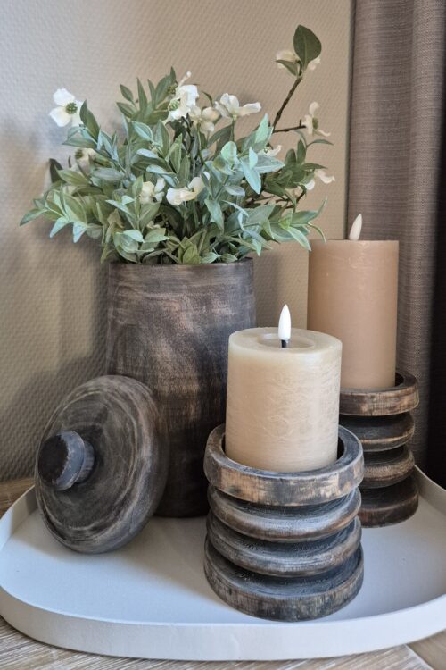 Sfeervolle Woondecoratie Set met Dienblad, Houten Pot & LED Kaarsen