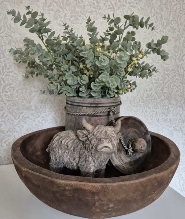 Complete decoratieset met houten schaal, pot, boeket en hooglander