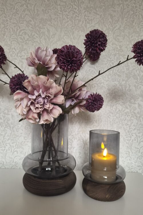 Complete set windlichten met houten onderzetter