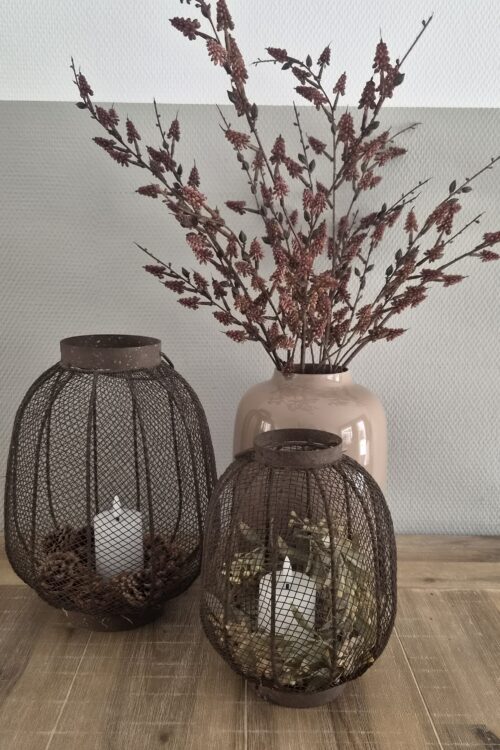 Complete decoratieset – vaas, boeket & 2 bruine windlichten