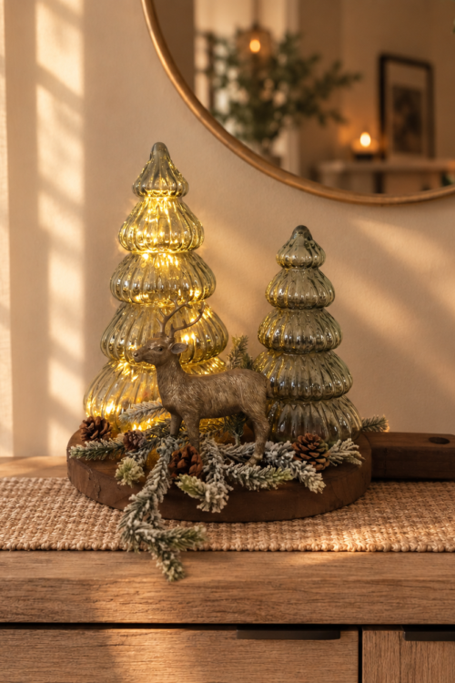 Complete kerstdecoratie op houten plank
