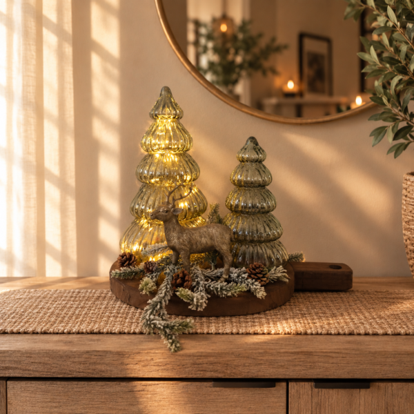 Complete kerstdecoratie op houten plank